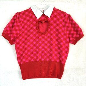 SMAK PARLOUR Ruffle Heart Keyhole Retro Valentines Collar Argyle Mod Sweater XL